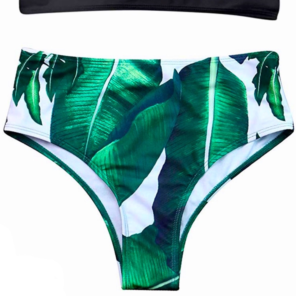 NWT Zaful High Waist Tropical Palm Leaf Print Bikini Bottom Green